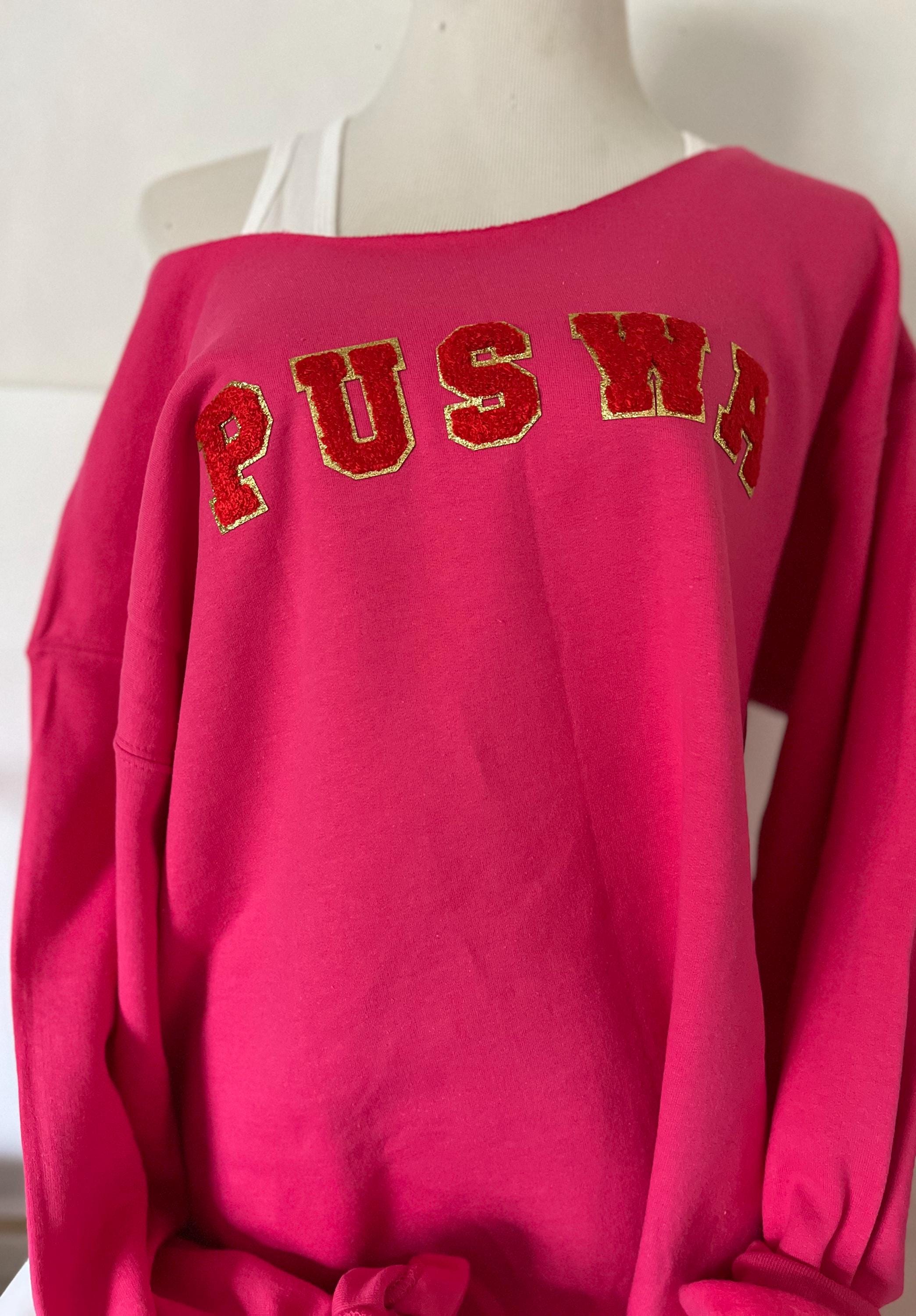 PUSWA Off-the-Shoulder Sweatshirt: Chenille Lettering, TV Drama Inspired