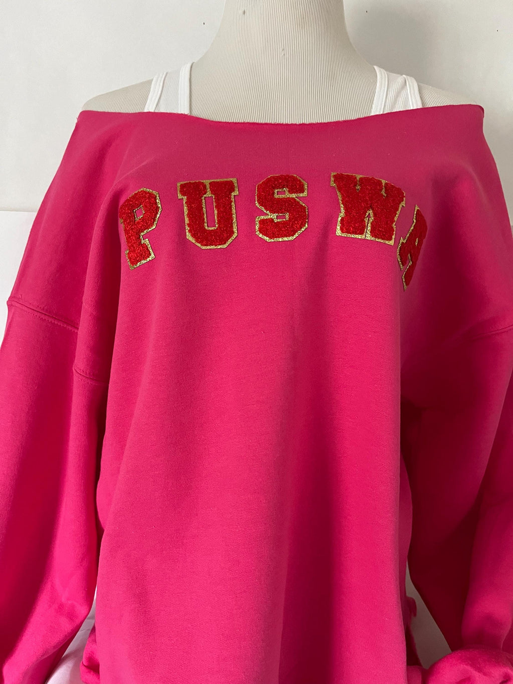 PUSWA Off-the-Shoulder Sweatshirt: Chenille Lettering, TV Drama Inspired
