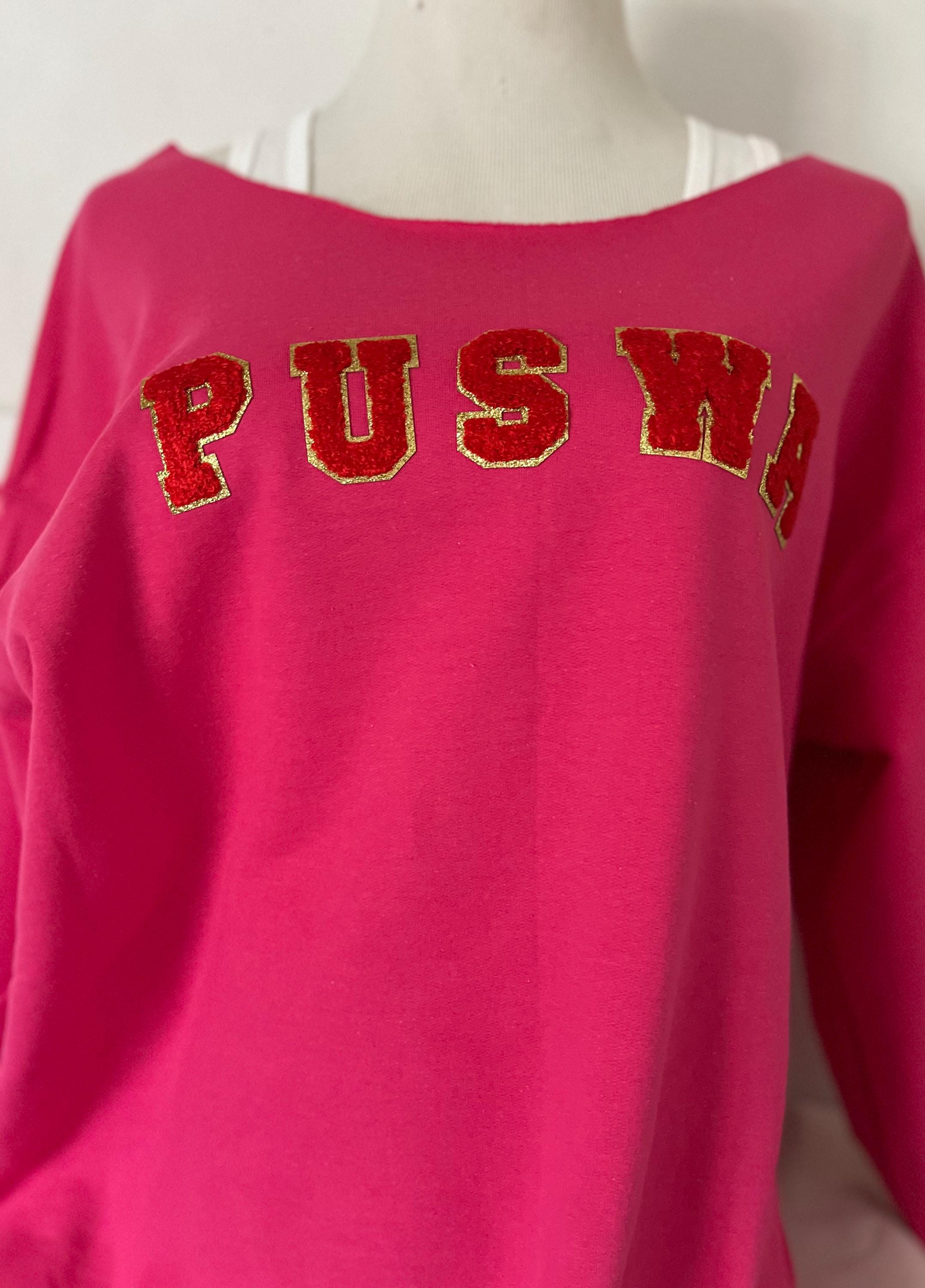 PUSWA Off-the-Shoulder Sweatshirt: Chenille Lettering, TV Drama Inspired