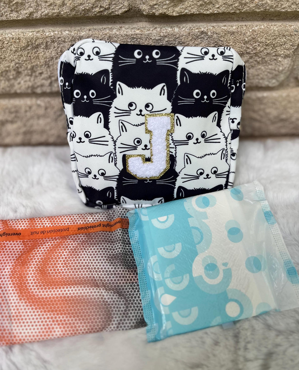 Cat Print Period Pouch: Personalized Initialed Hygiene Bag