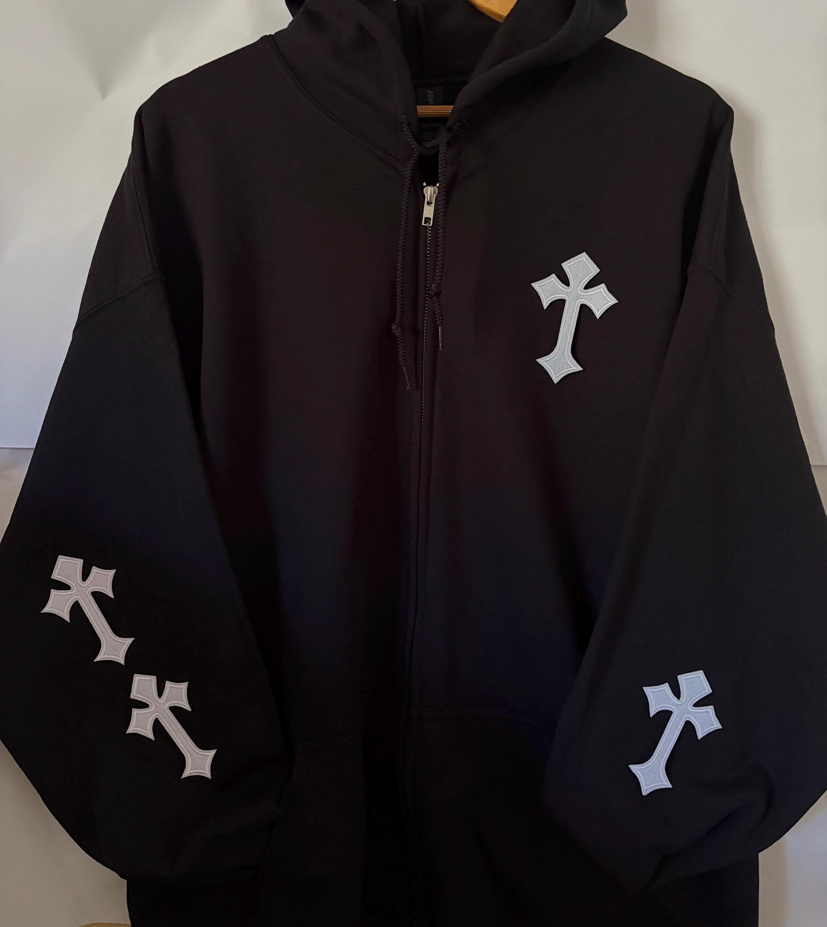 Cross Zip Up Hoodie: Black Cotton Blend Sweatshirt