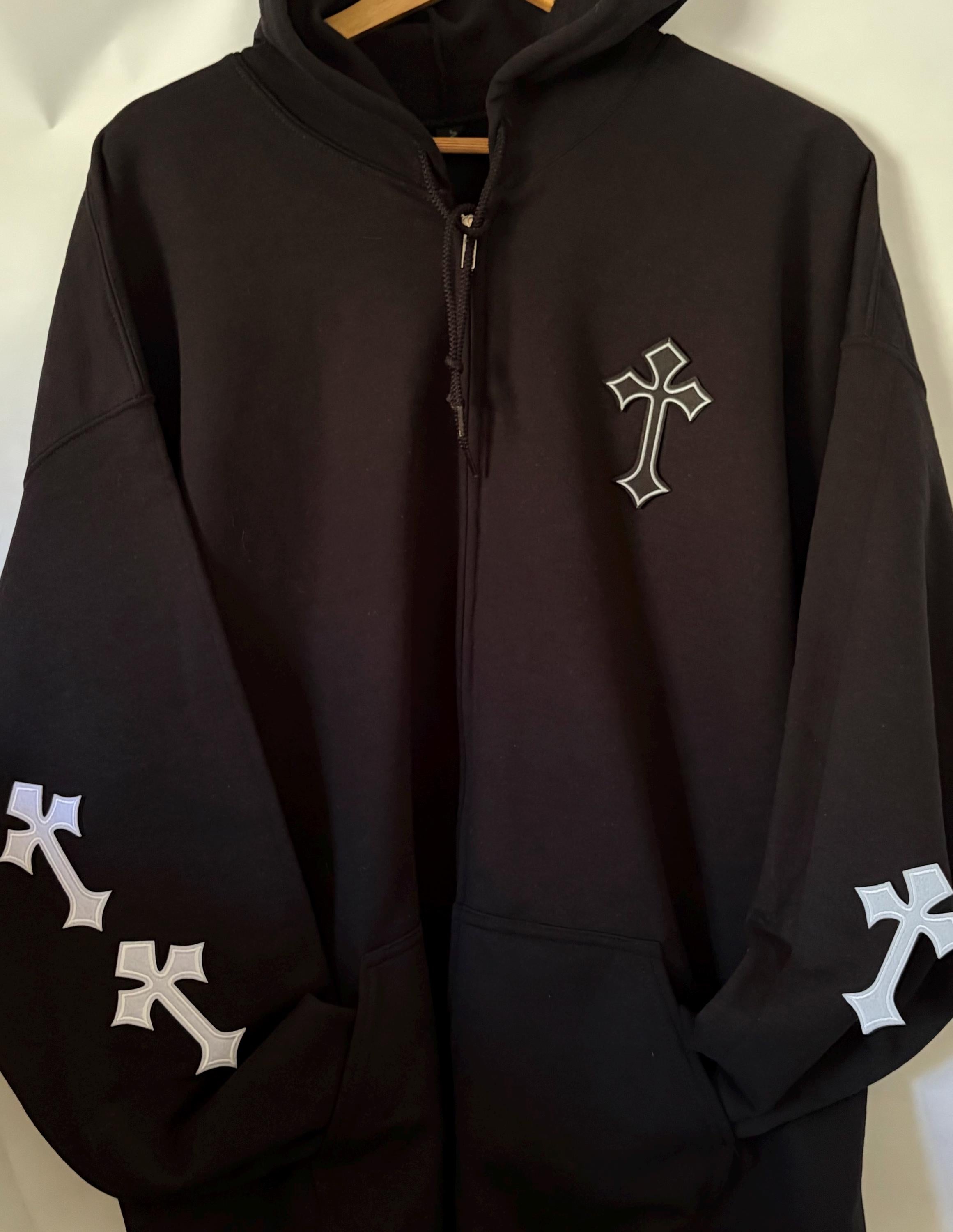 Cross Zip Up Hoodie: Black Cotton Blend Sweatshirt