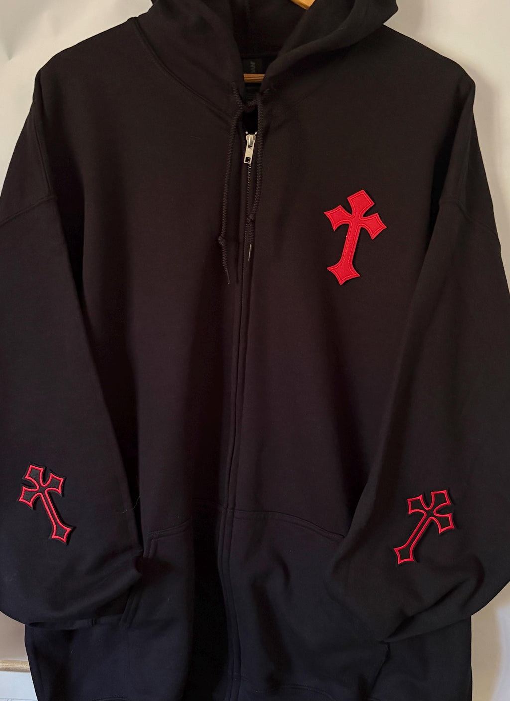 Cross Zip Up Hoodie: Black Cotton Blend Sweatshirt