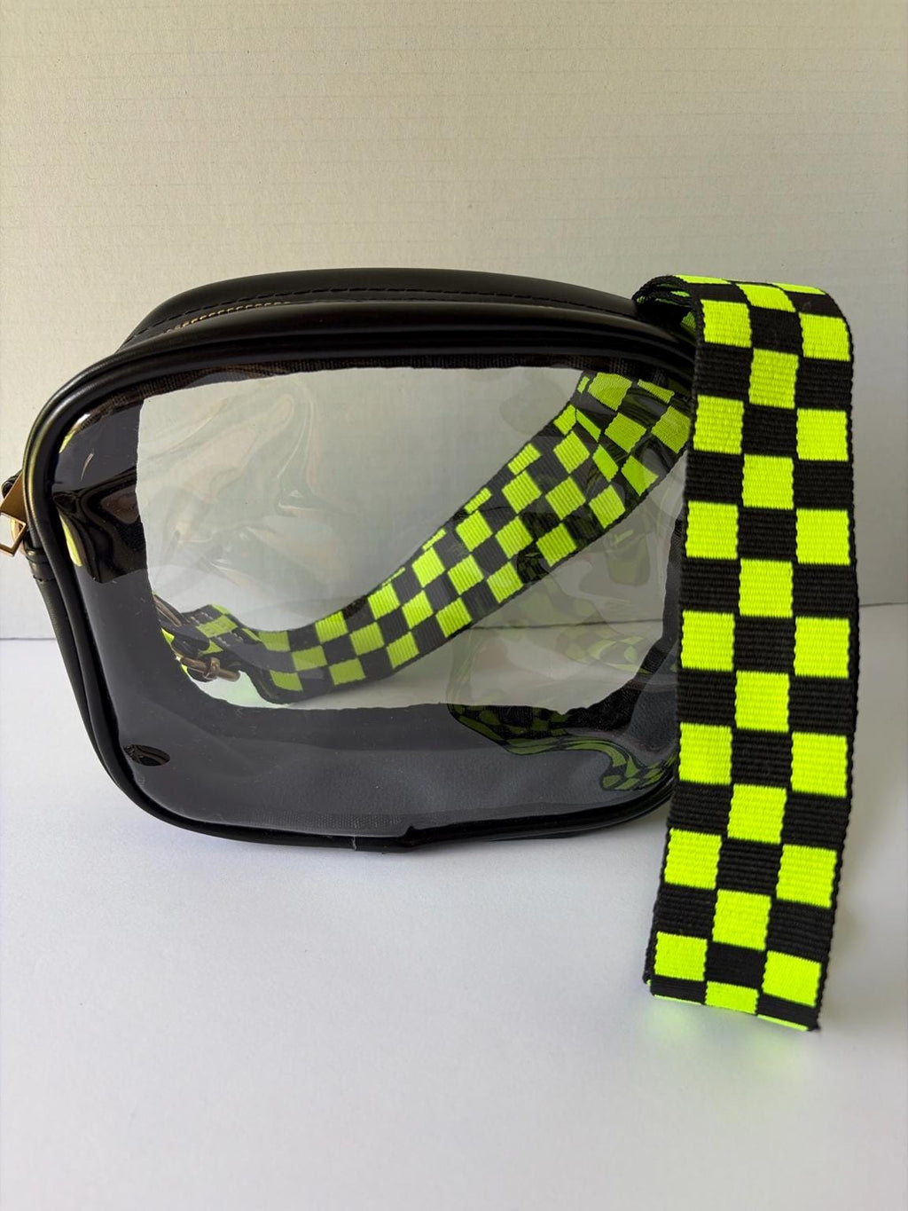 Clear Stadium Bag with Neon Checker Strap | Stadium Approved Crossbody Bag | Concert Purse | Festival Bag | Adjustable Strap 